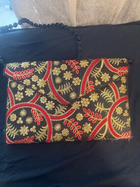 Embroidered Black Clutch with Gold & Red Floral Design